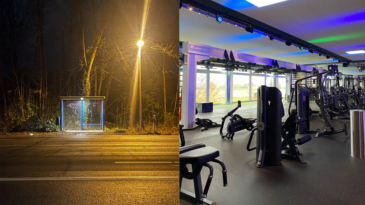 Titelbild: Bushaltestelle in der Dunkelheit und Fitnessstudio, Foto von Simon Mengeu