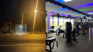 Titelbild: Bushaltestelle in der Dunkelheit und Fitnessstudio, Foto von Simon Mengeu