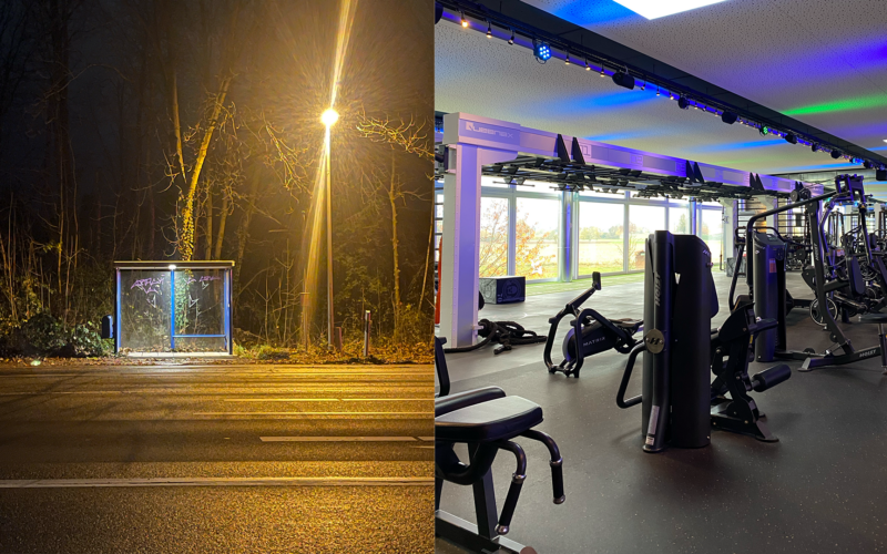 Titelbild: Bushaltestelle in der Dunkelheit und Fitnessstudio, Foto von Simon Mengeu